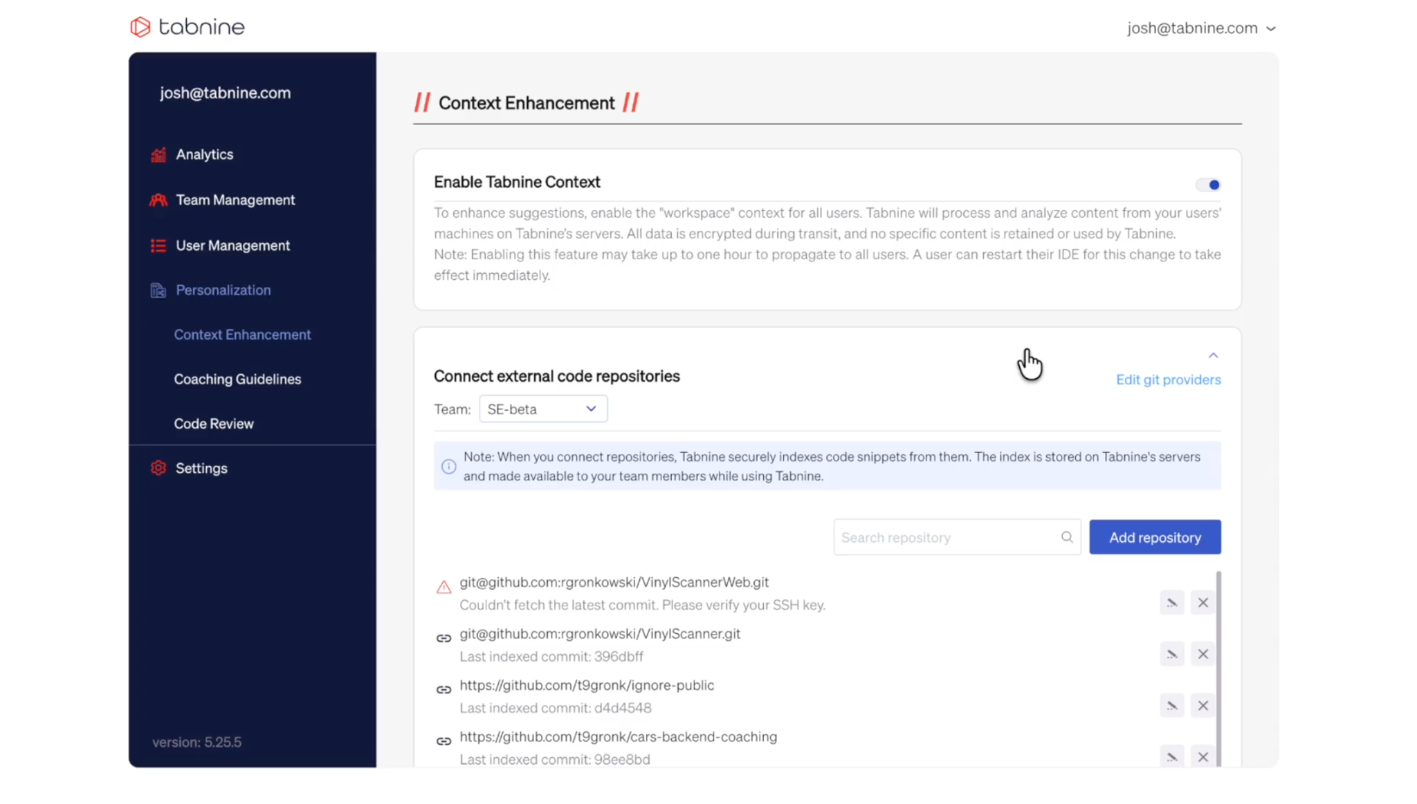 Tabnine enterprise admin dashboard for team settings and private repository indexing