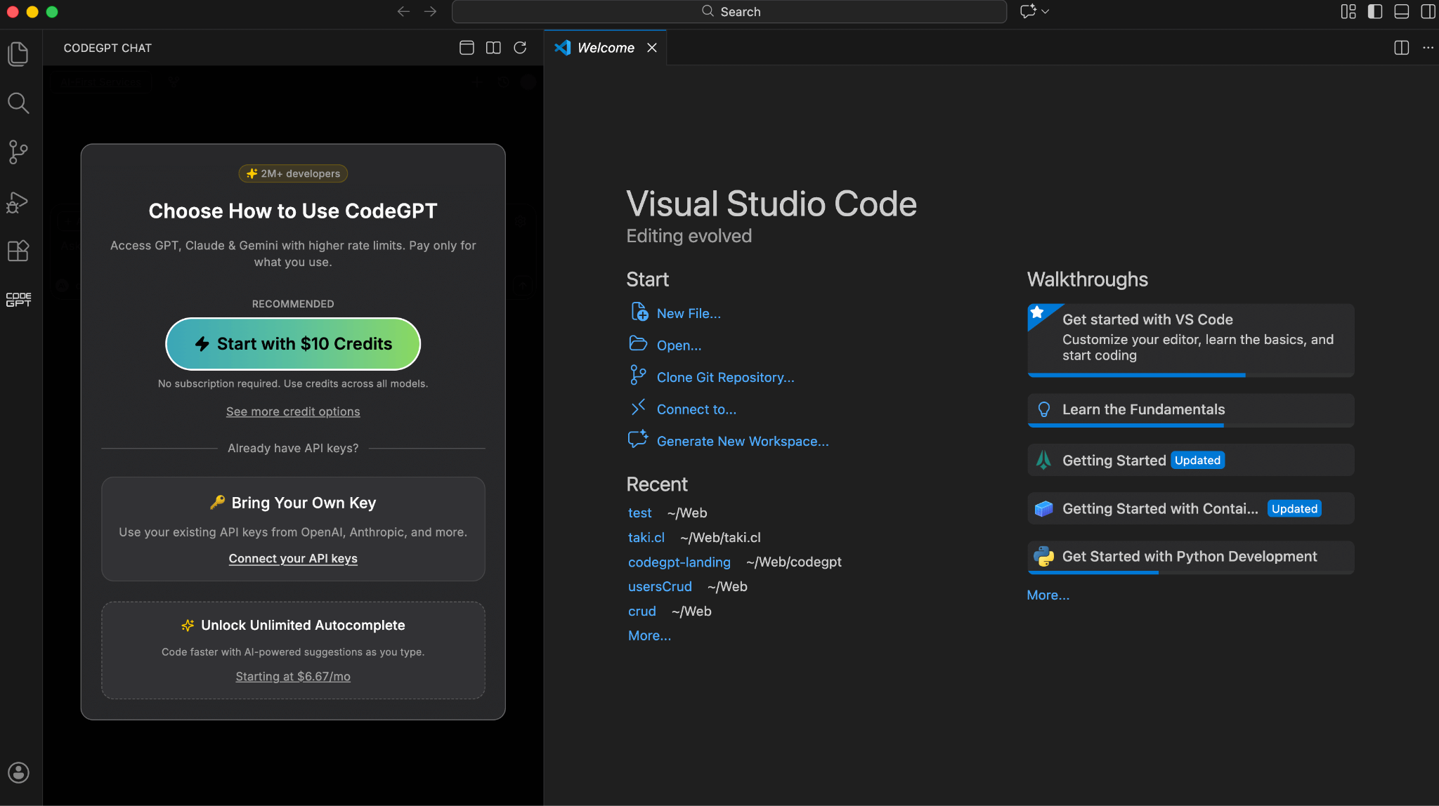 CodeGPT VS Code extension setup offering starting credits or bring-your-own-key API access