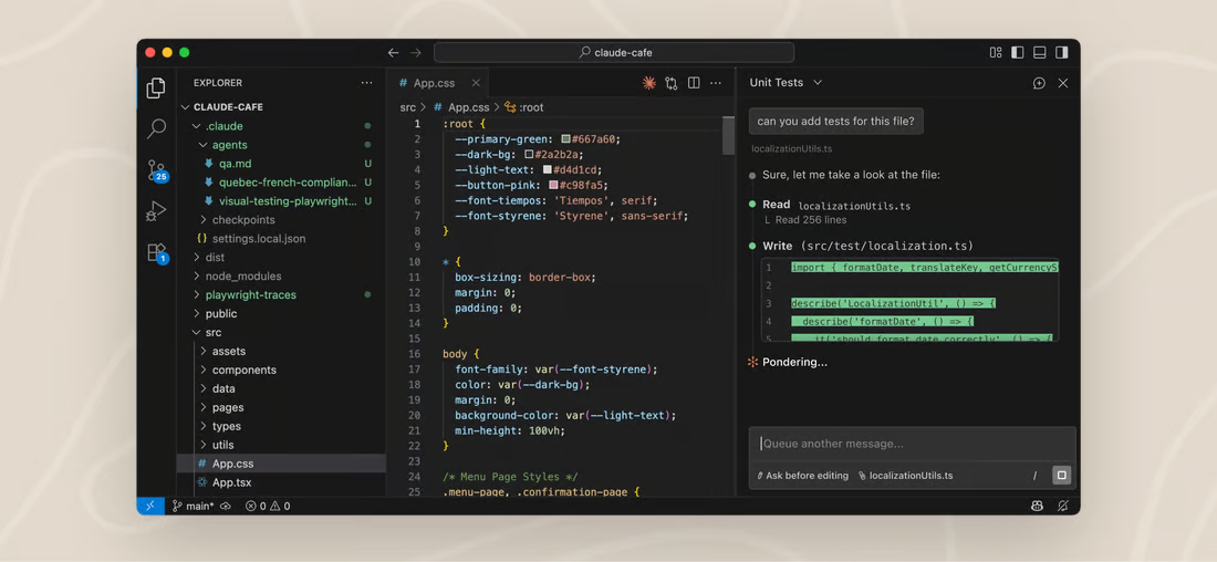 Claude Code agent reading project files and writing tests inside a developer's workspace