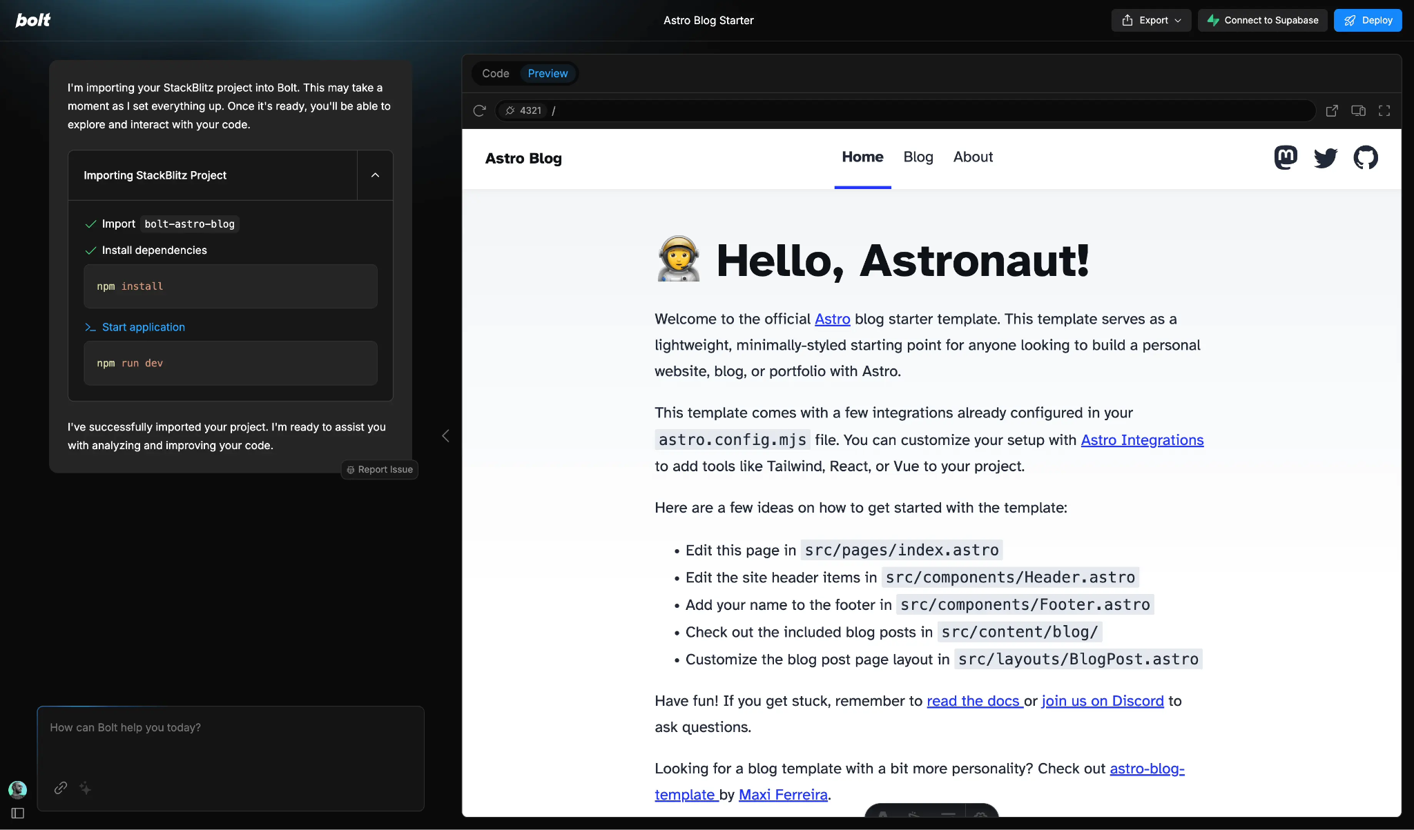 Bolt.new browser IDE running a full-stack web app with one-click deploy