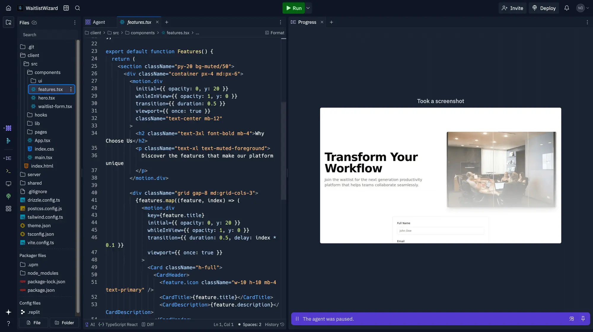 Replit AI agent building a web app with a live preview