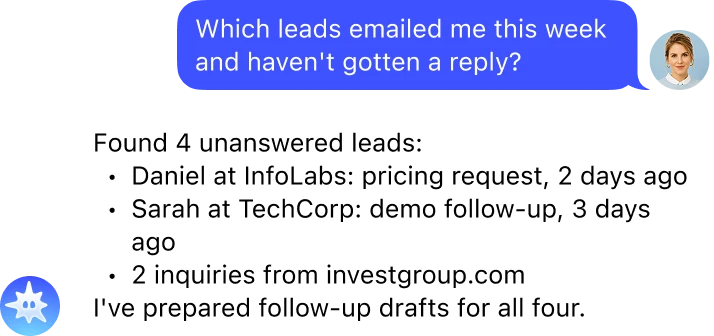 Mira finds four unanswered leads and prepares follow-up drafts