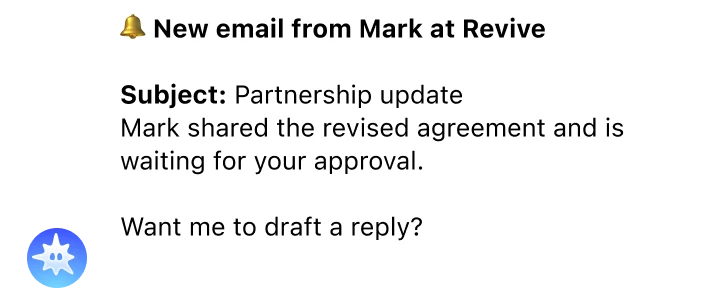 Mira notifies about a new email from Mark at Revive and offers to draft a reply