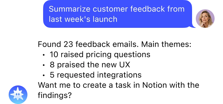 Mira summarizes 23 customer feedback emails into pricing, UX and integration themes