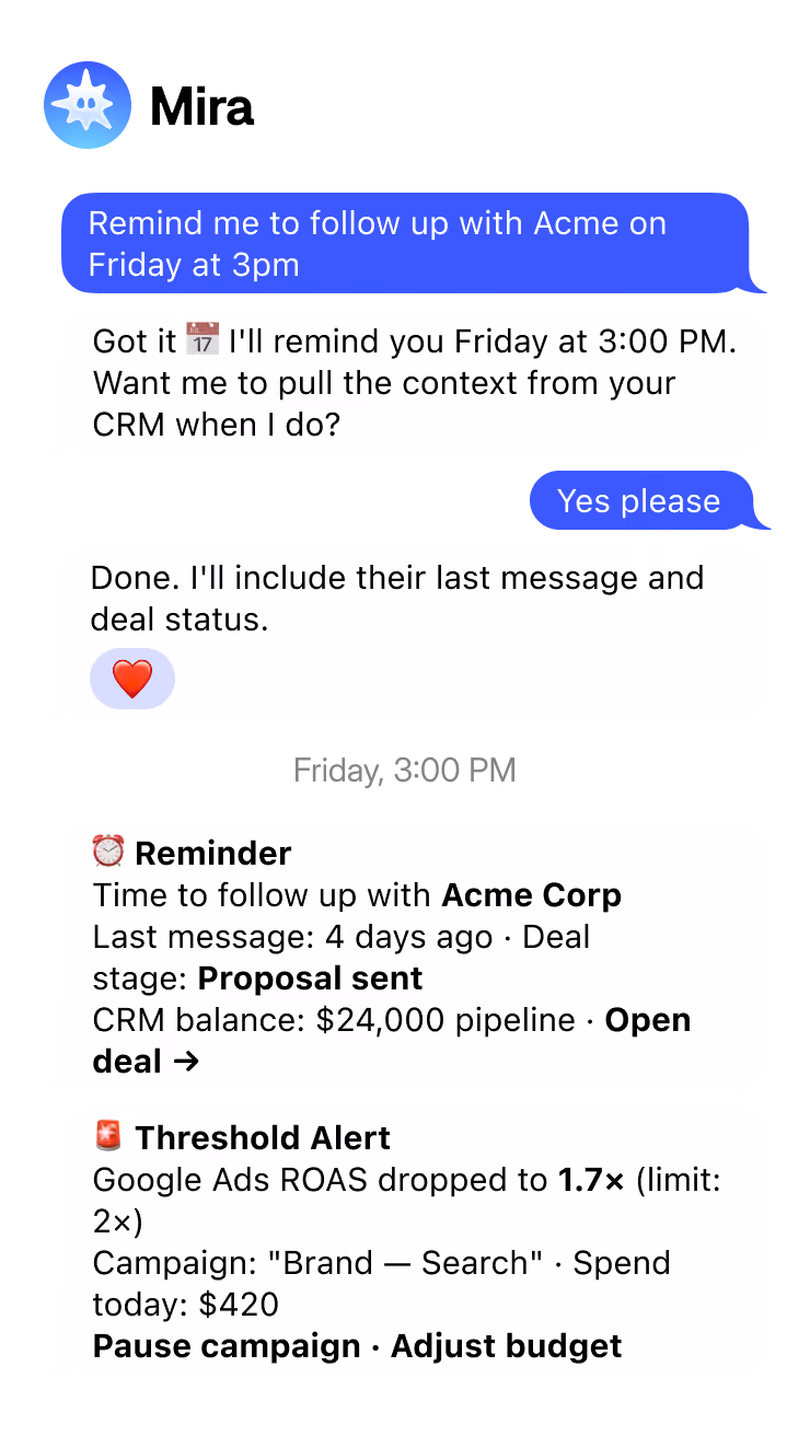 Text conversation showing a reminder set for Acme follow-up at 3 PM with CRM and Google Ads alerts.